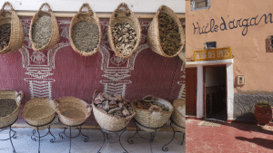La boutique de Zagora qui montre des paniers remplis d'épices.