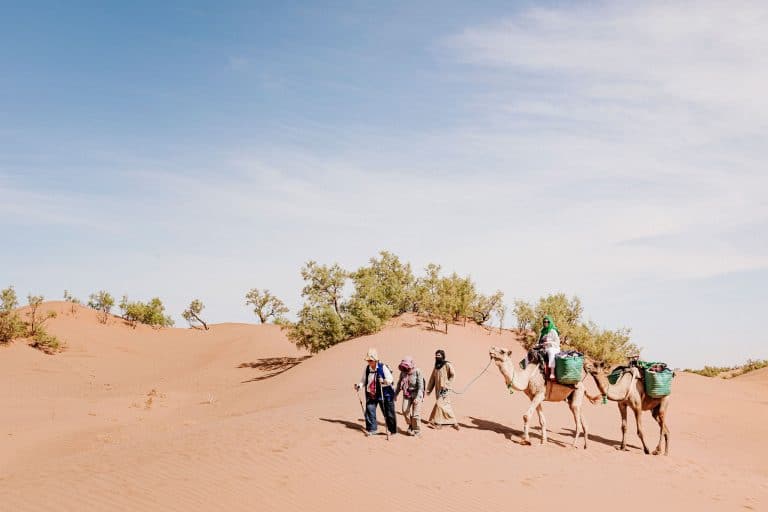 un petit groupe se promene au desert