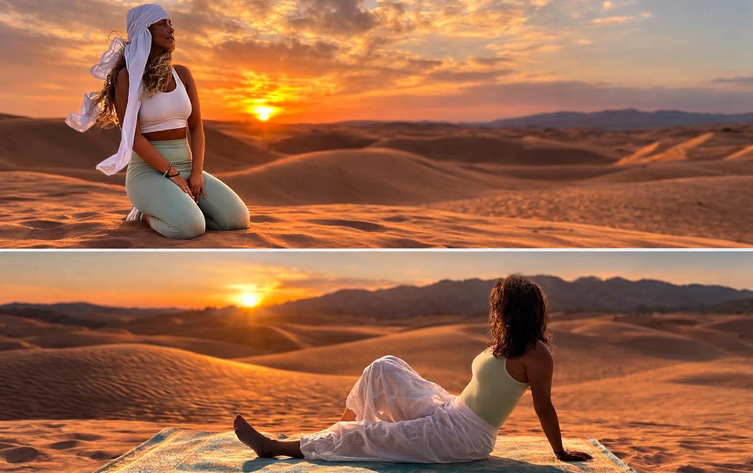 deux femmes regardent le coucher de soleil du desert